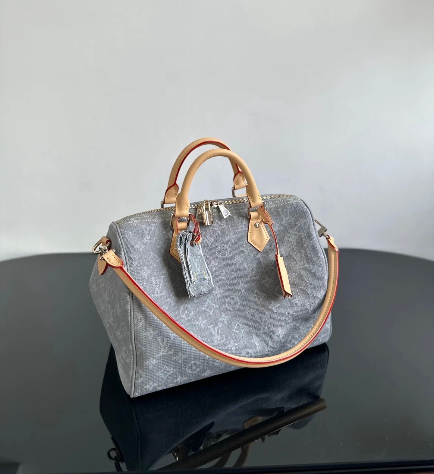 LV Louis Vuitton Grey Denim Tannin Removable Gold Hardware Cotton Shoulder Crossbody Handbag Women's M13344