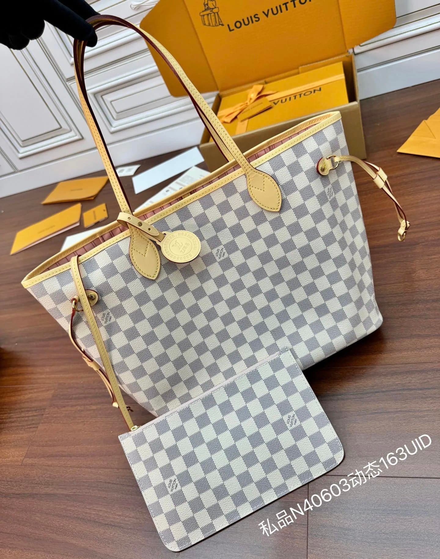 LV Louis Vuitton Checkerboard Pink Coated Canvas Leather Tote Bag Shopping Bag Portable Shoulder Bag Women's N40603