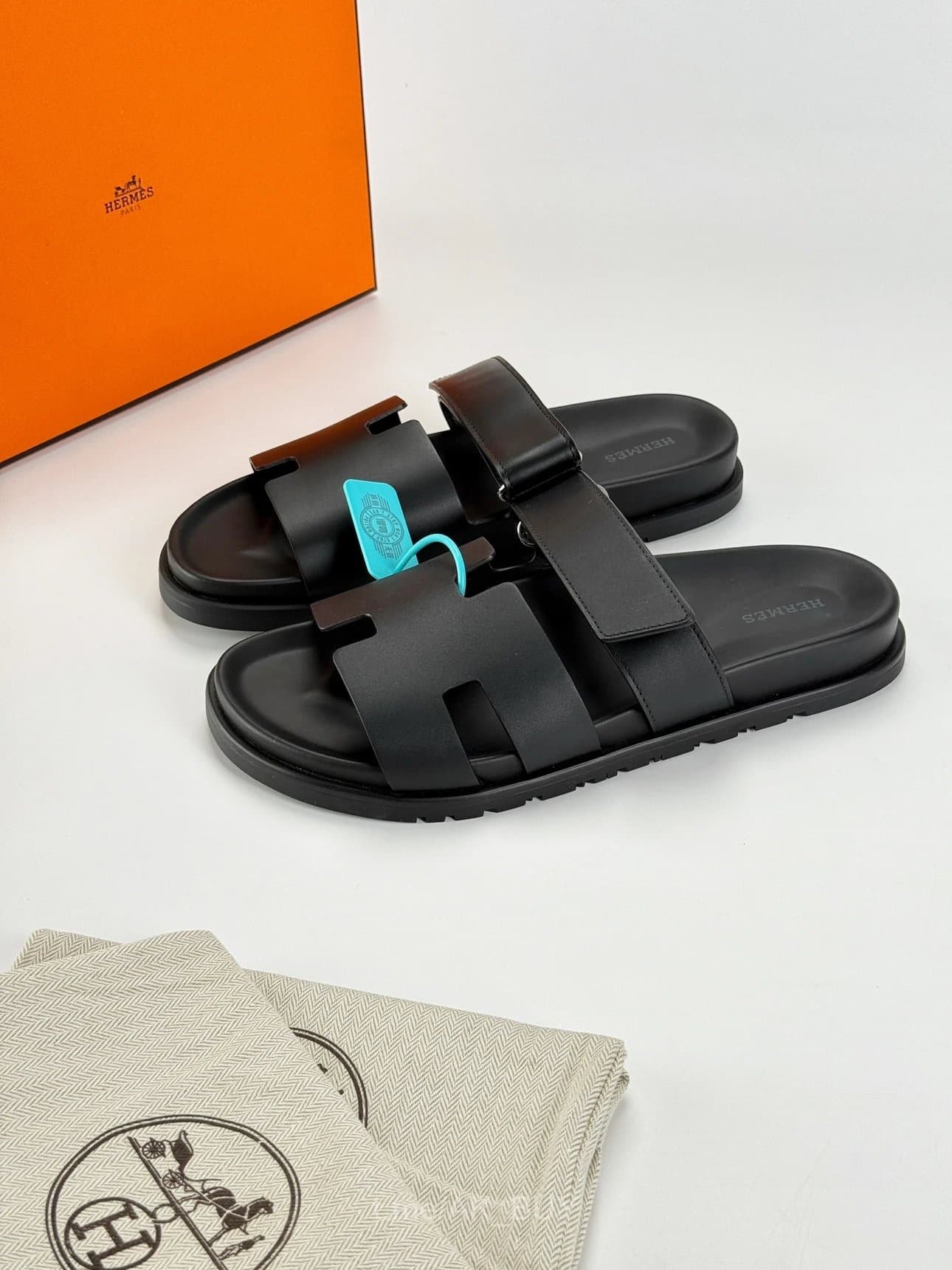 Hermes Black Leather Flat Sandals