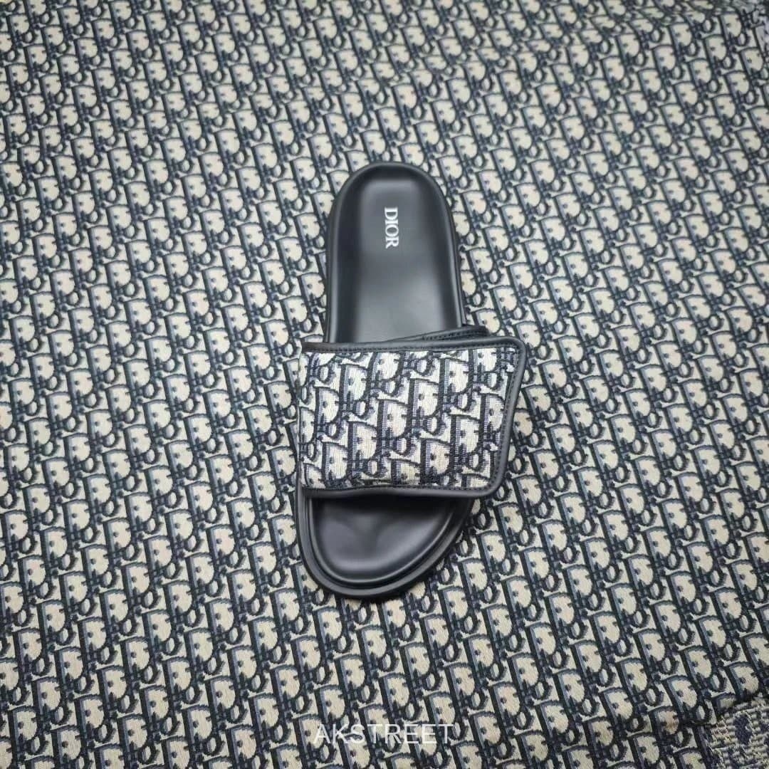 Dior Black Leather Oblique Canvas Slides