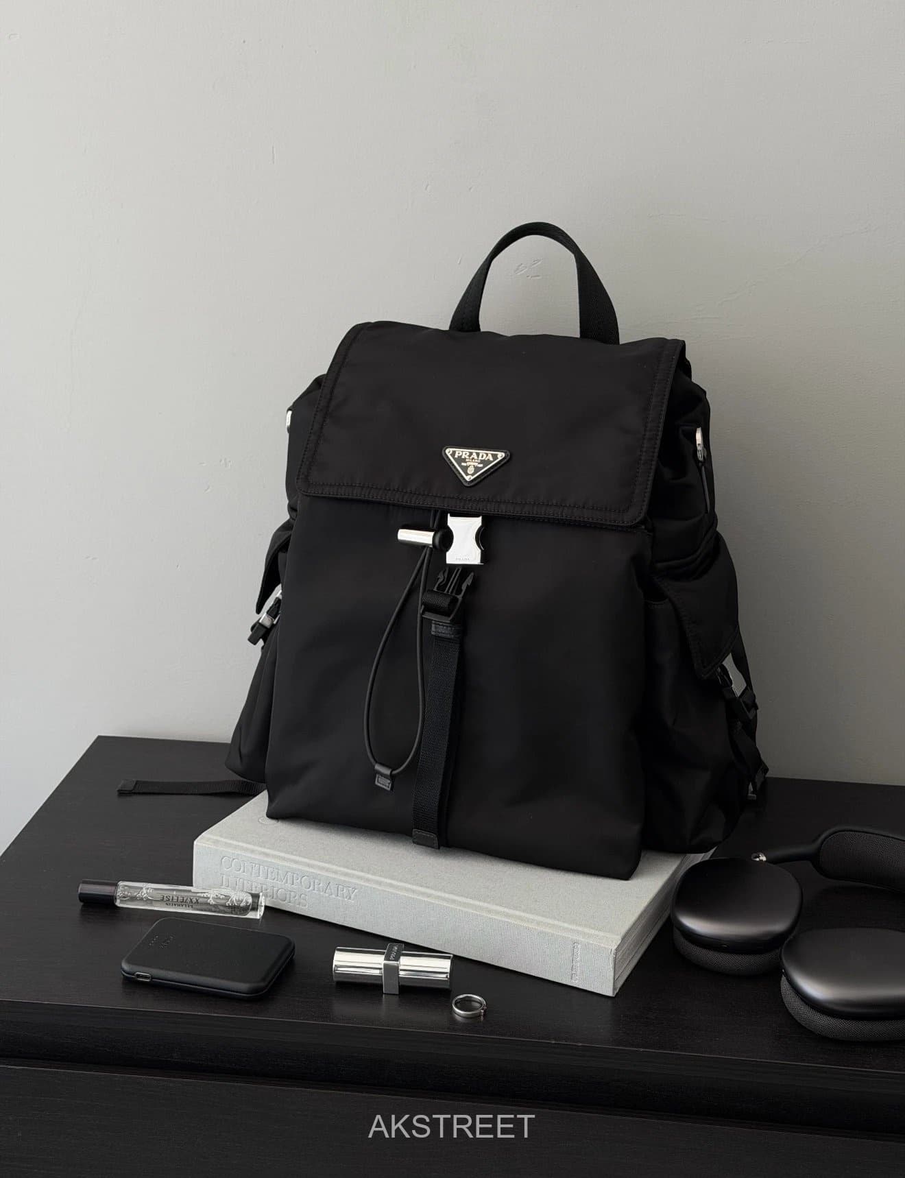 Prada Black Nylon Flap Backpack