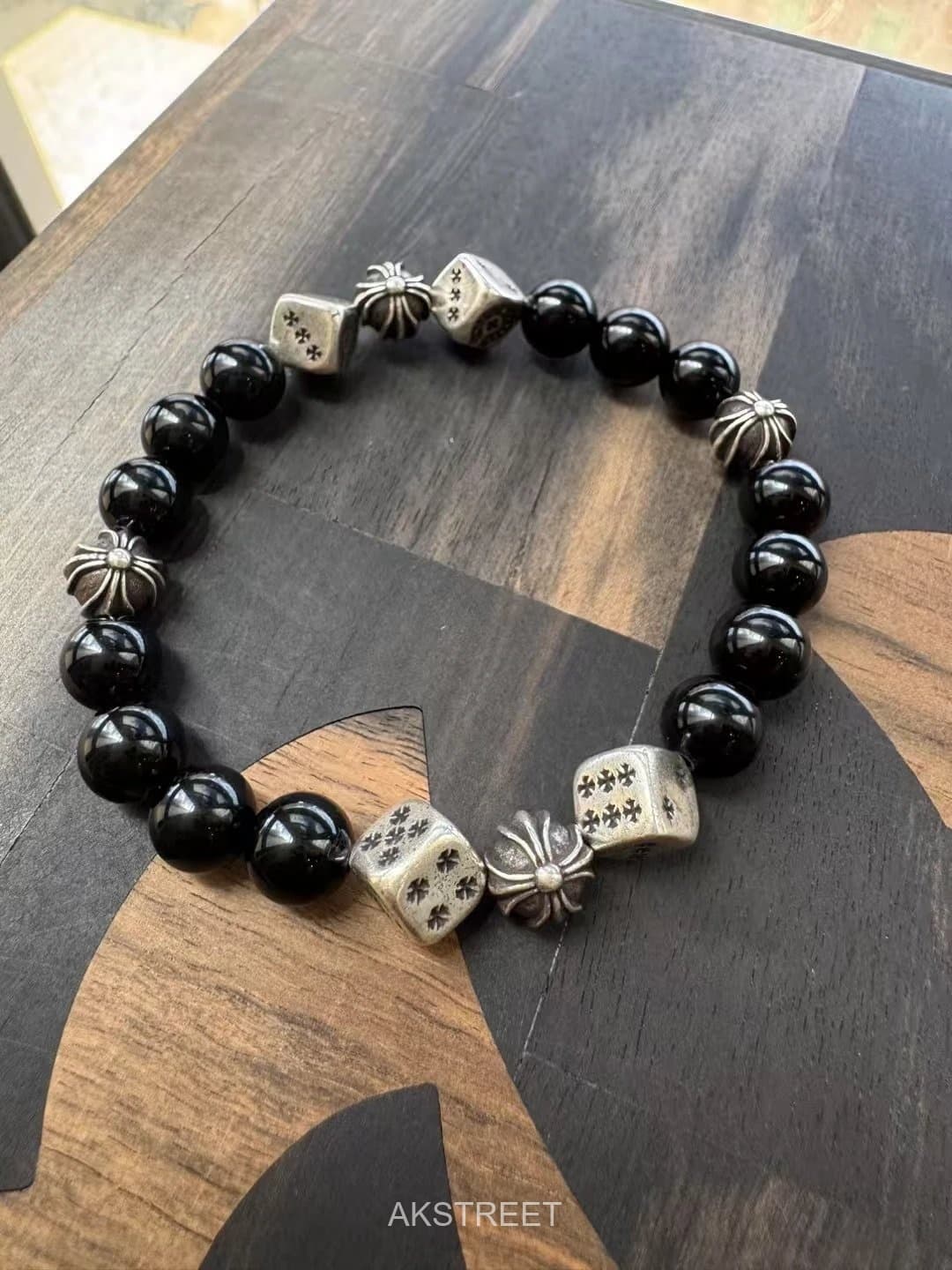 Chrome Hearts Black Beaded Silver Dice Bracelet