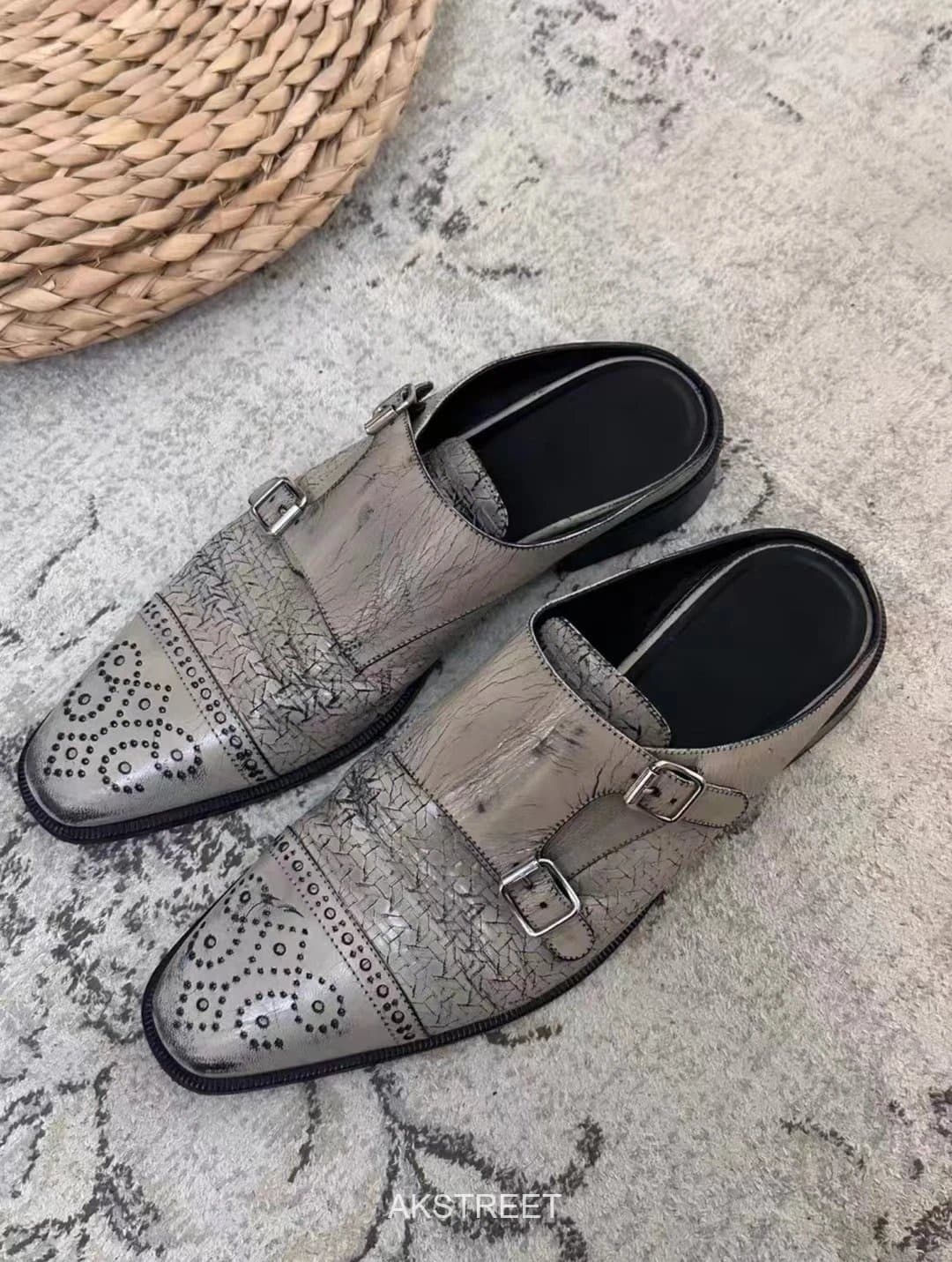 Grey Distressed Leather Double Monk Strap Mules