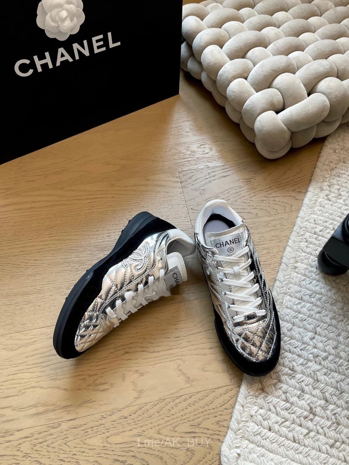 Chanel Silver Quilted Leather Metallic Sneakers
