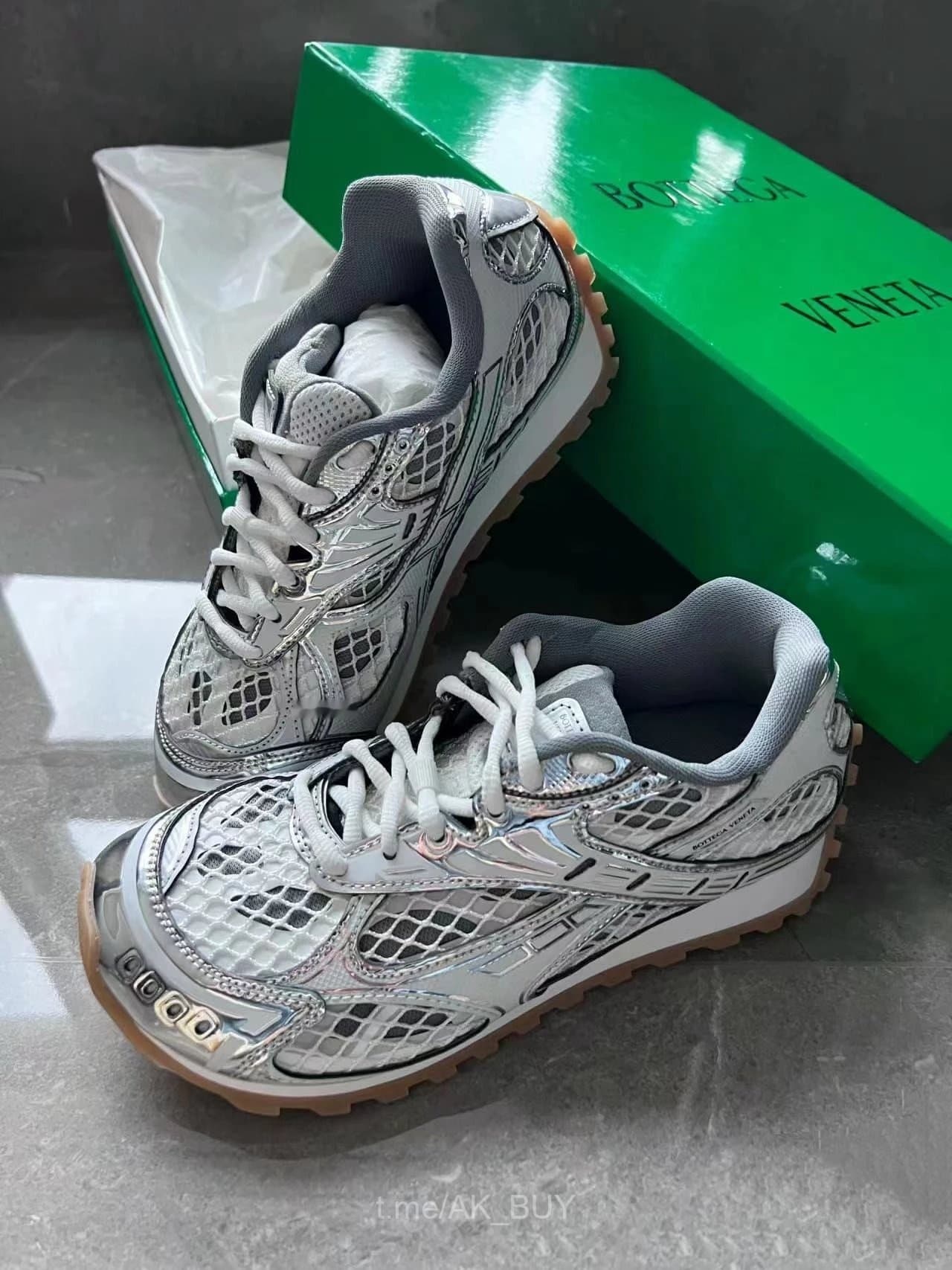 Bottega Veneta Silver Mesh Leather Sneakers