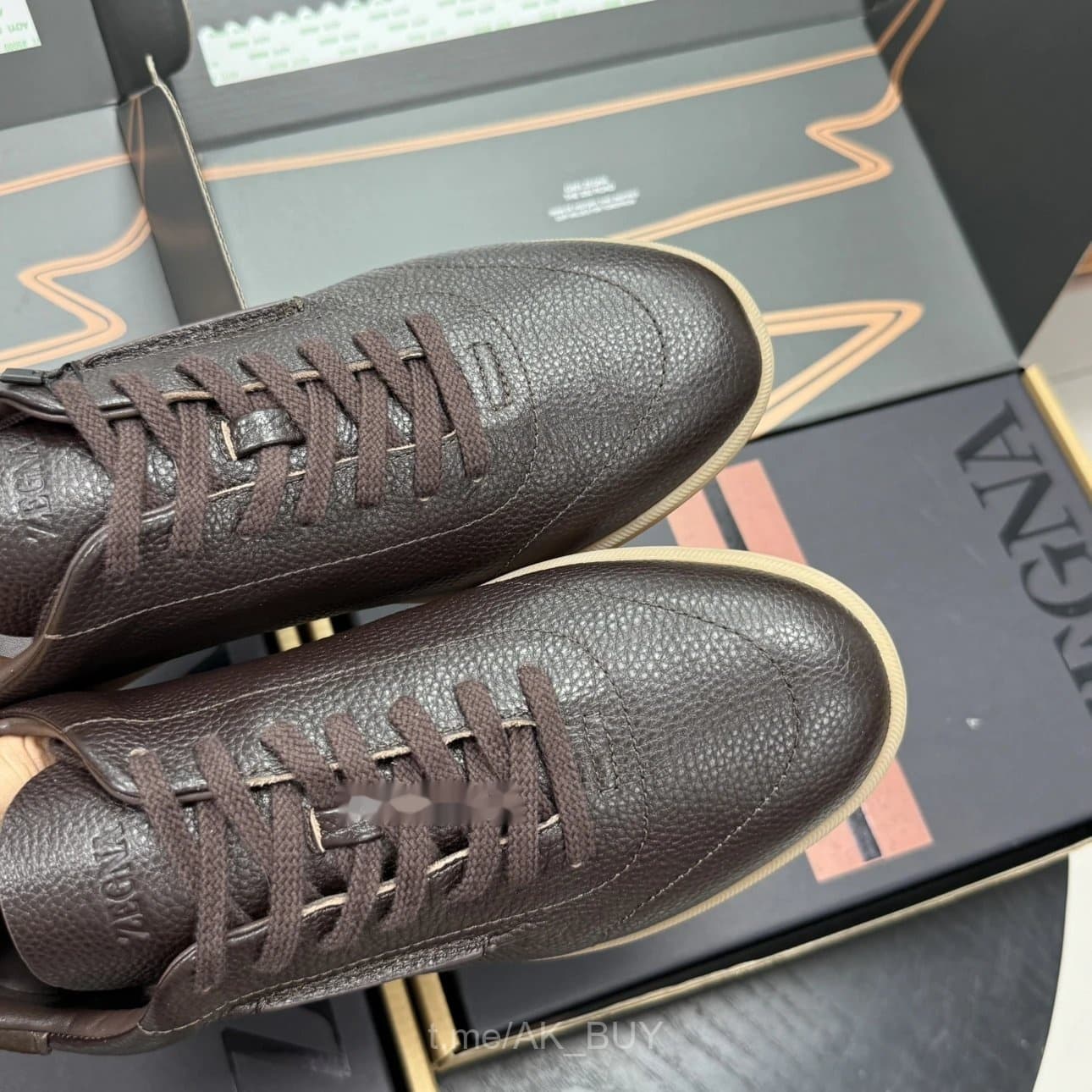 Zegna Brown Grained Leather Sneakers