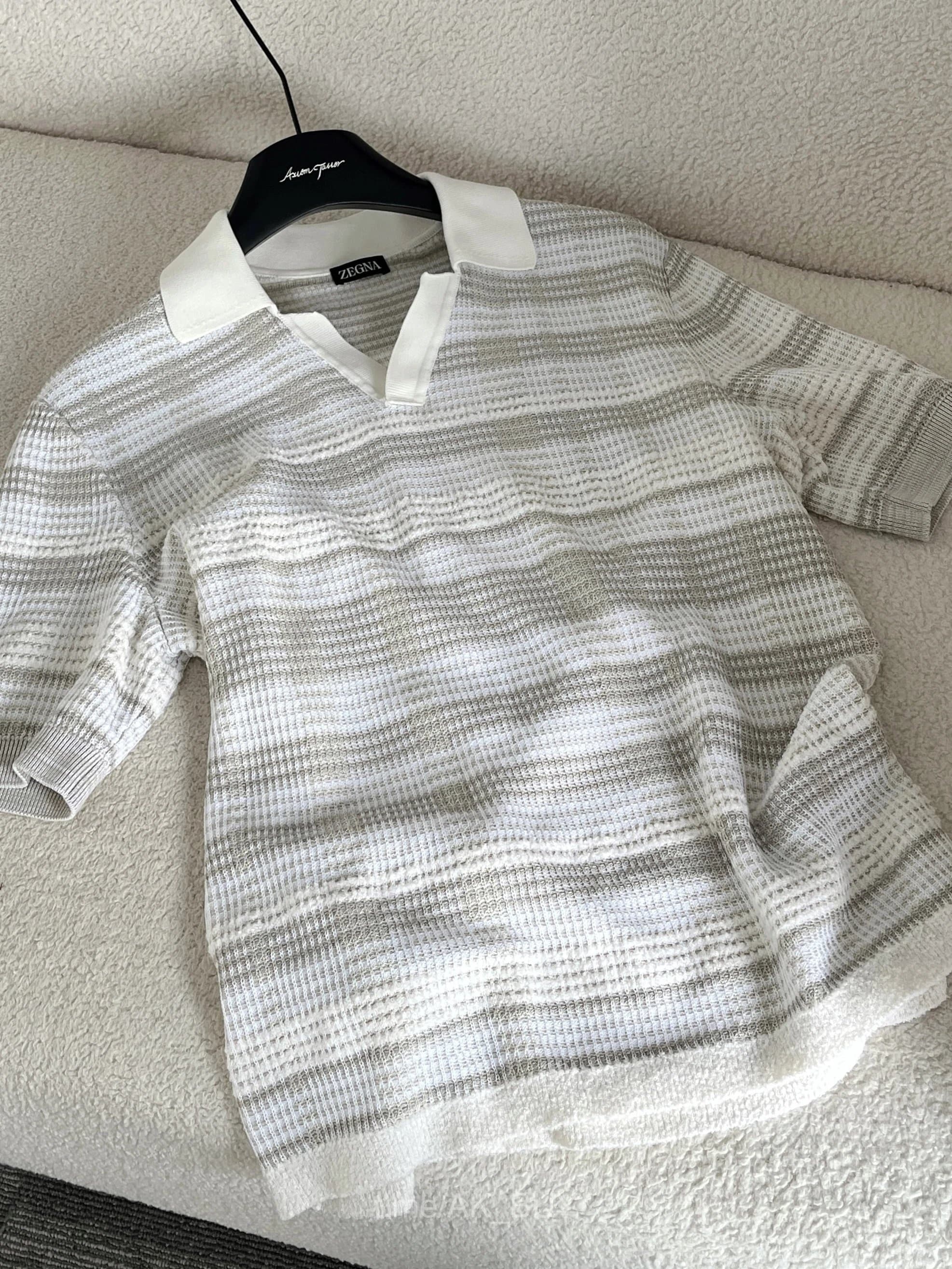 Zegna White Grey Striped Knit Polo Shirt
