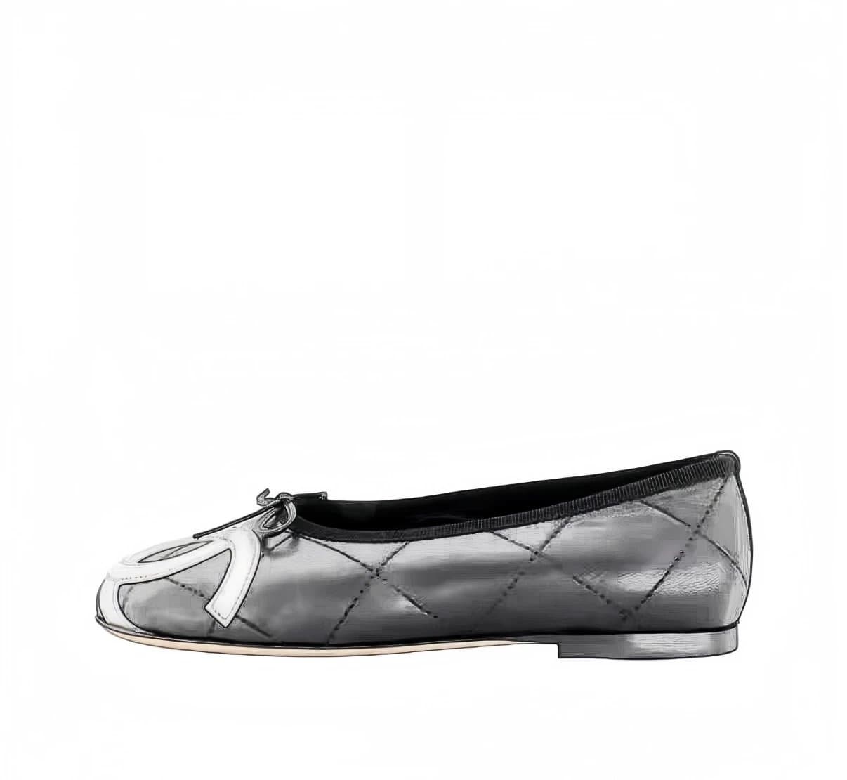 Chanel Silver Quilted Leather Ballet Flats