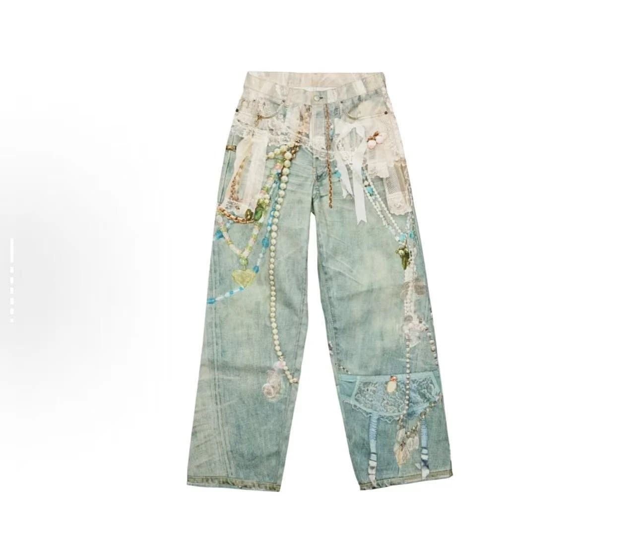 Blue Distressed Denim Pearl Beaded Jeans