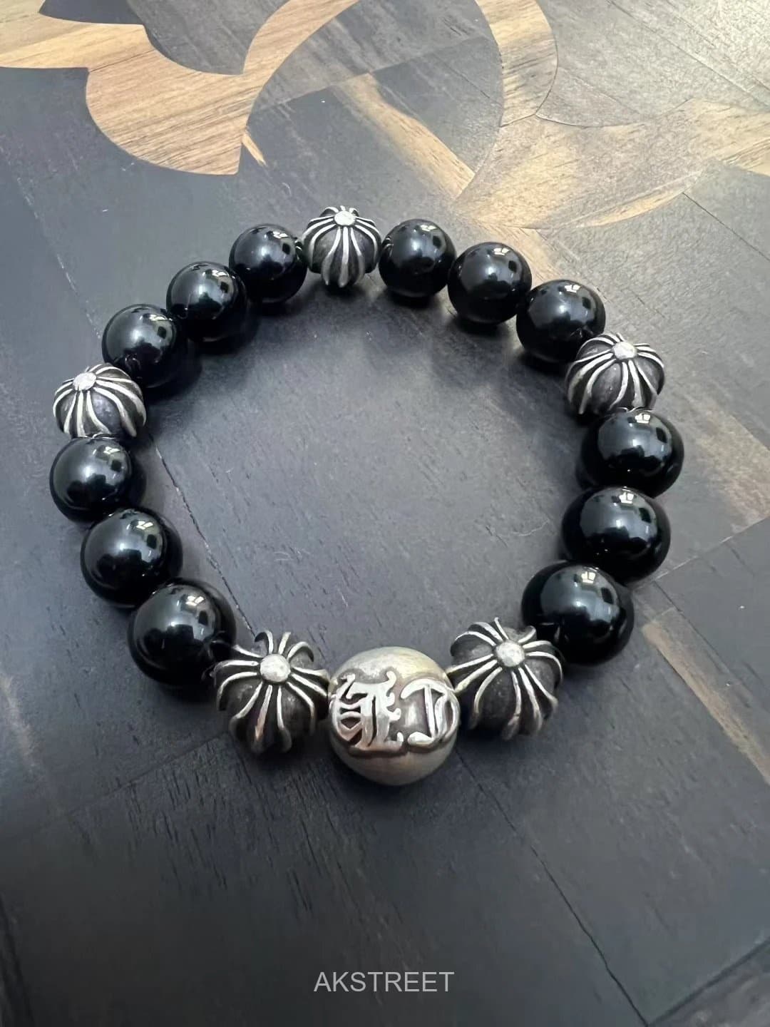 Chrome Hearts Black Beaded Silver Bracelet