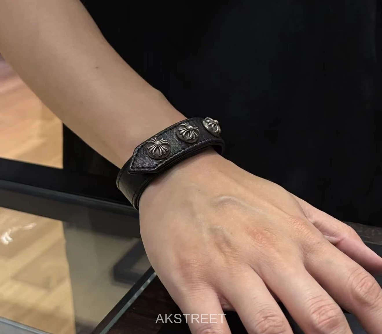 Chrome Hearts Black Leather Silver Cross Bracelet