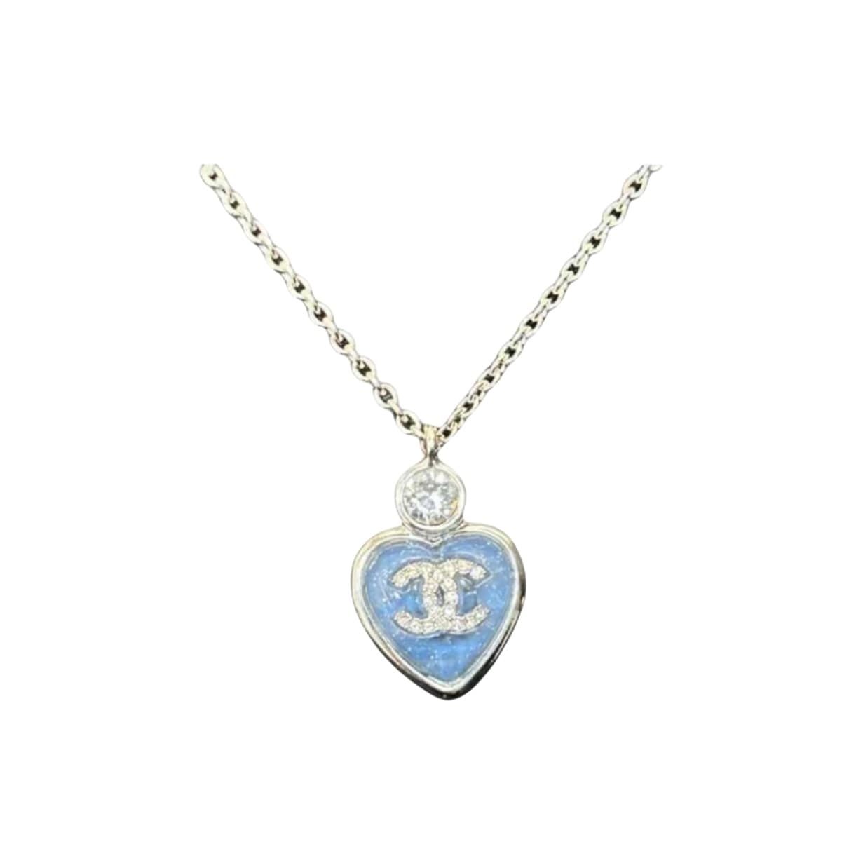Chanel Silver Blue Crystal Heart Pendant Necklace