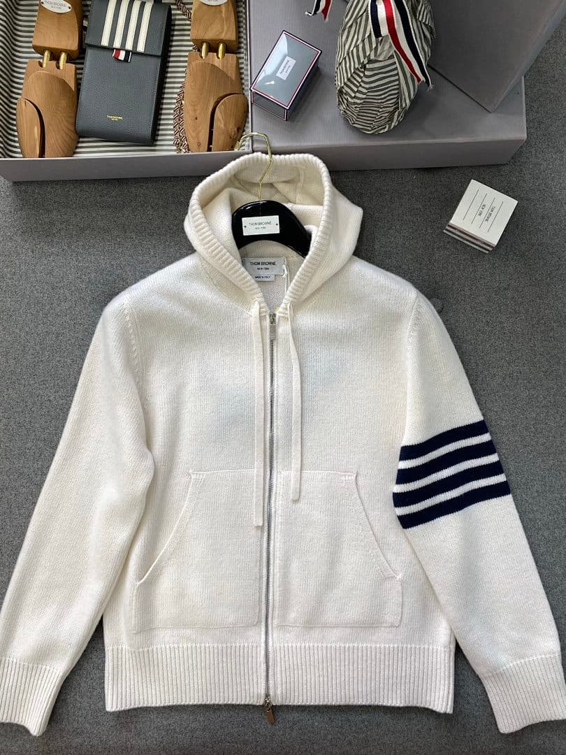 White Knit Zip-Up Hoodie With Sleeve Stripes