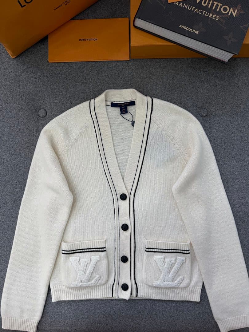 White V-Neck Cardigan With Black Trim