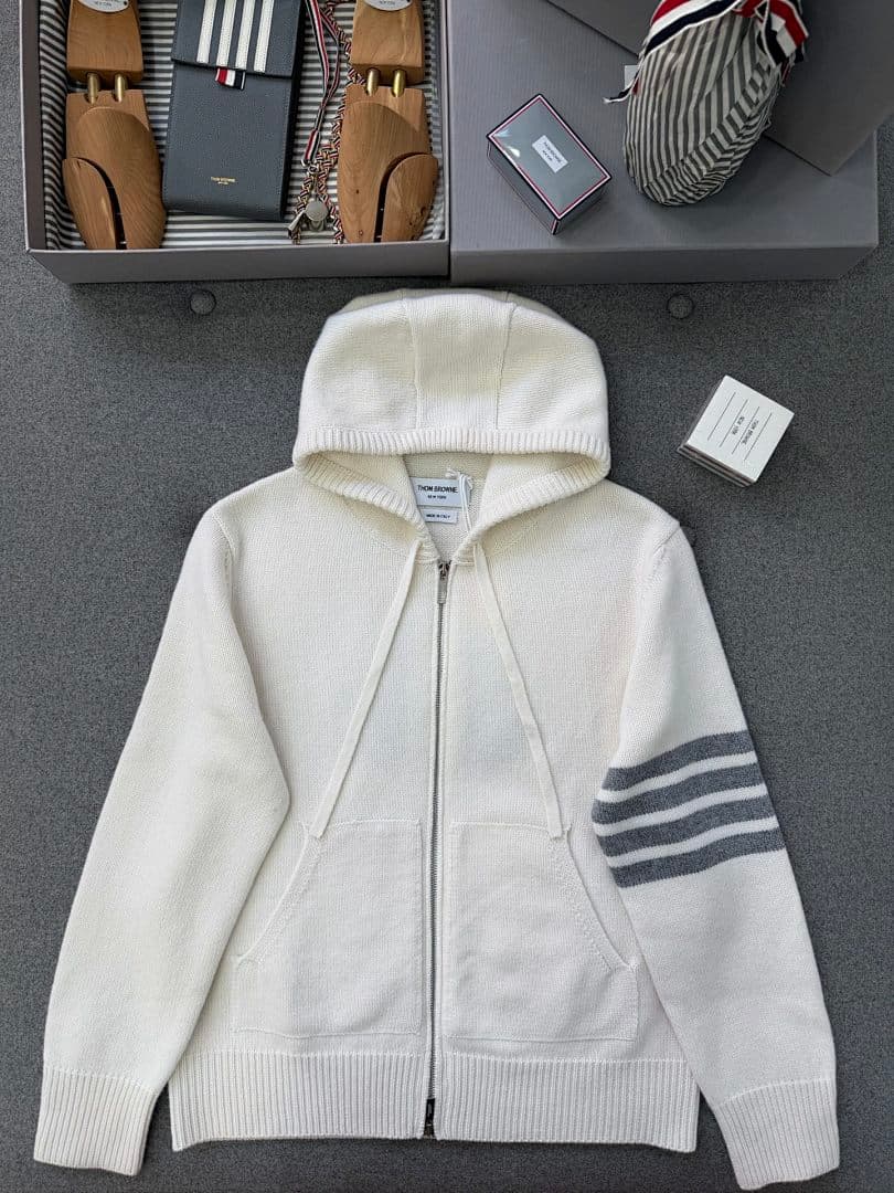 Cream Knit Zip-Up Hoodie With Grey Stripes