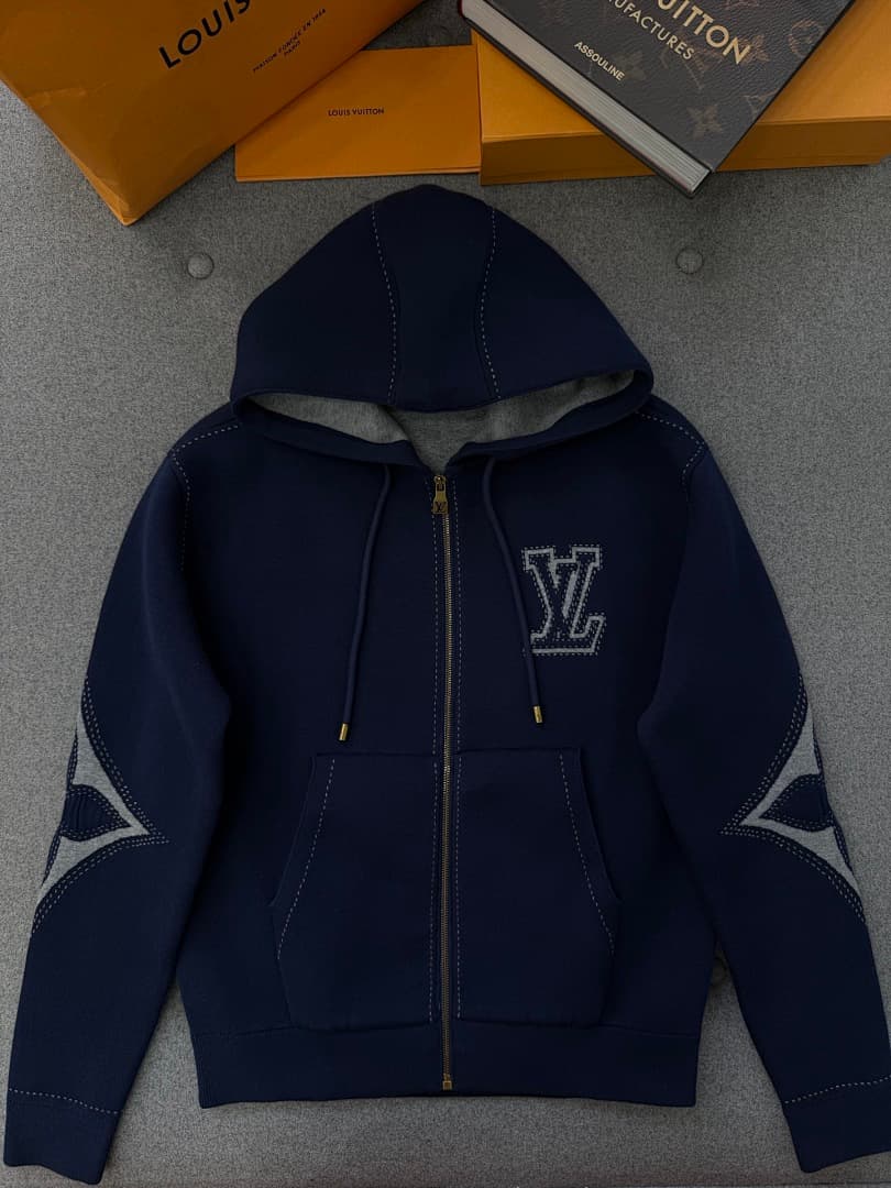 Navy Blue Floral Applique Zip-Up Hoodie