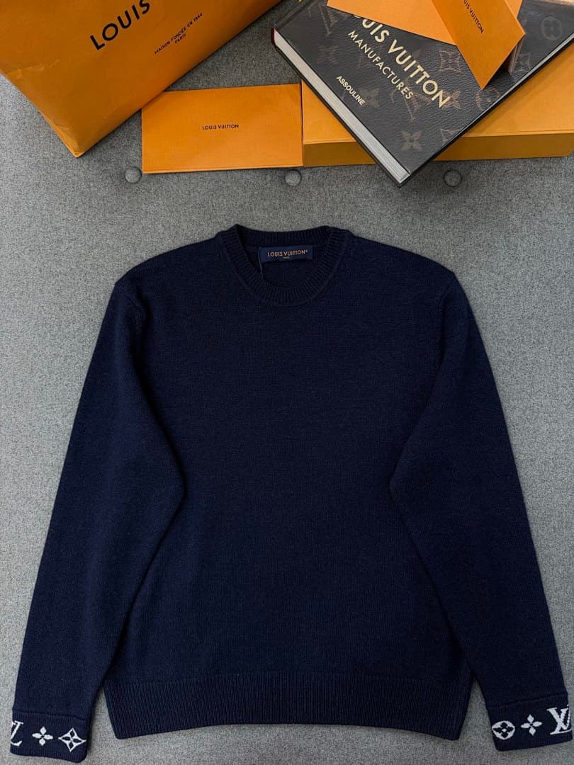 Dark Blue Monogram Sleeve Crew Neck Sweater