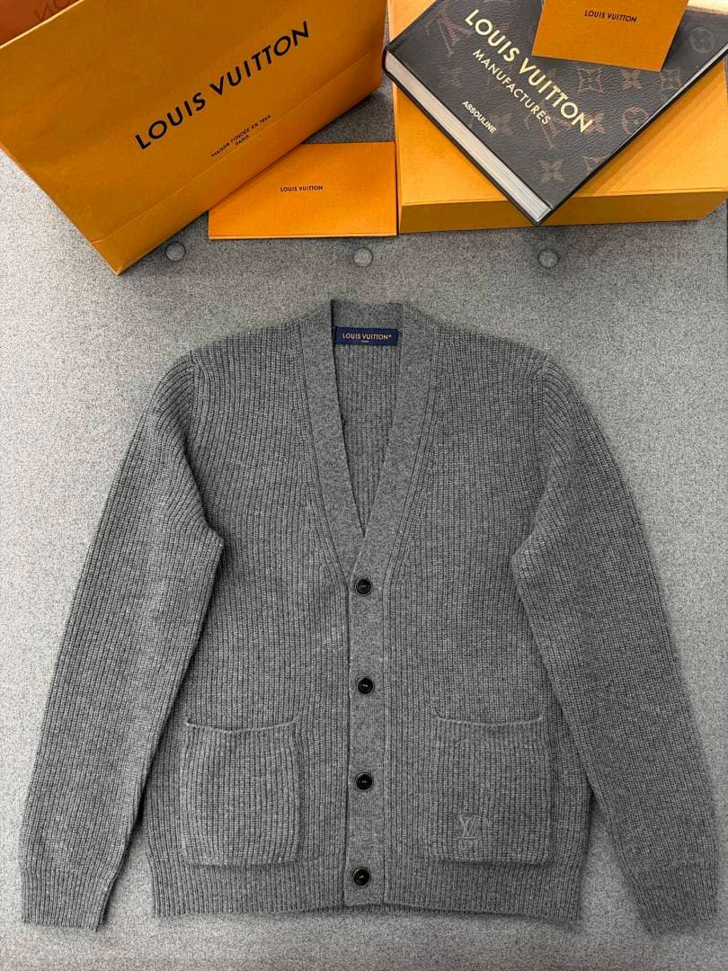 Louis Vuitton Grey Ribbed-Knit V-Neck Cardigan
