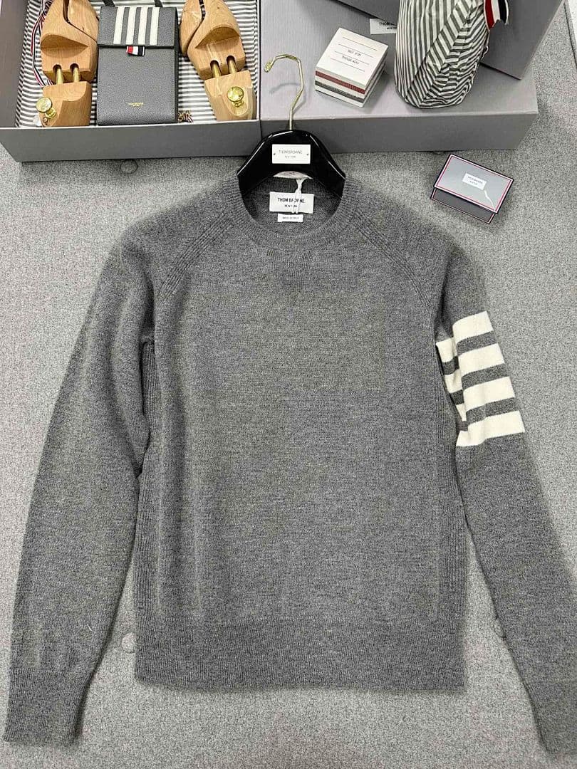 Grey Crewneck Sweater With Arm Stripes