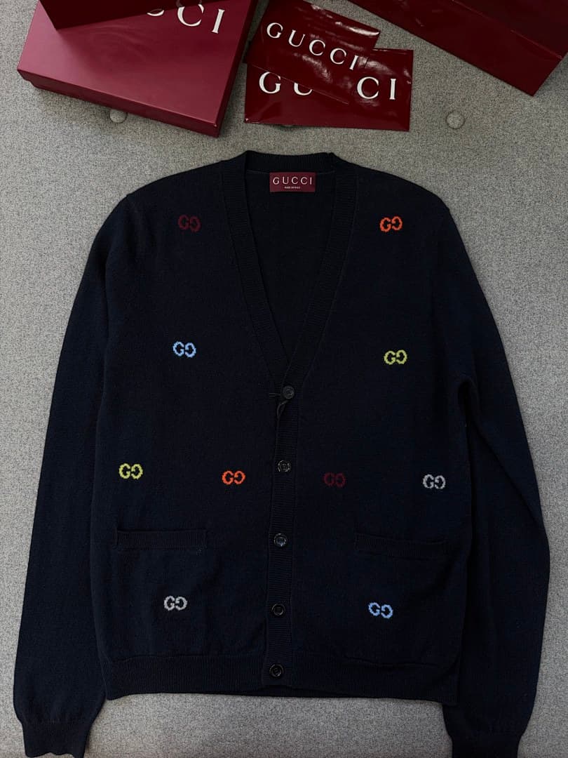 Dark Blue GG Embroidered V-Neck Cardigan