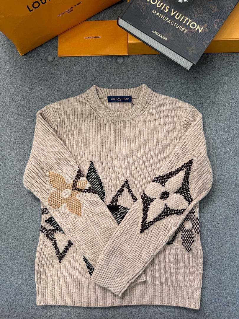 Beige Floral Geometric Knit Crewneck Sweater
