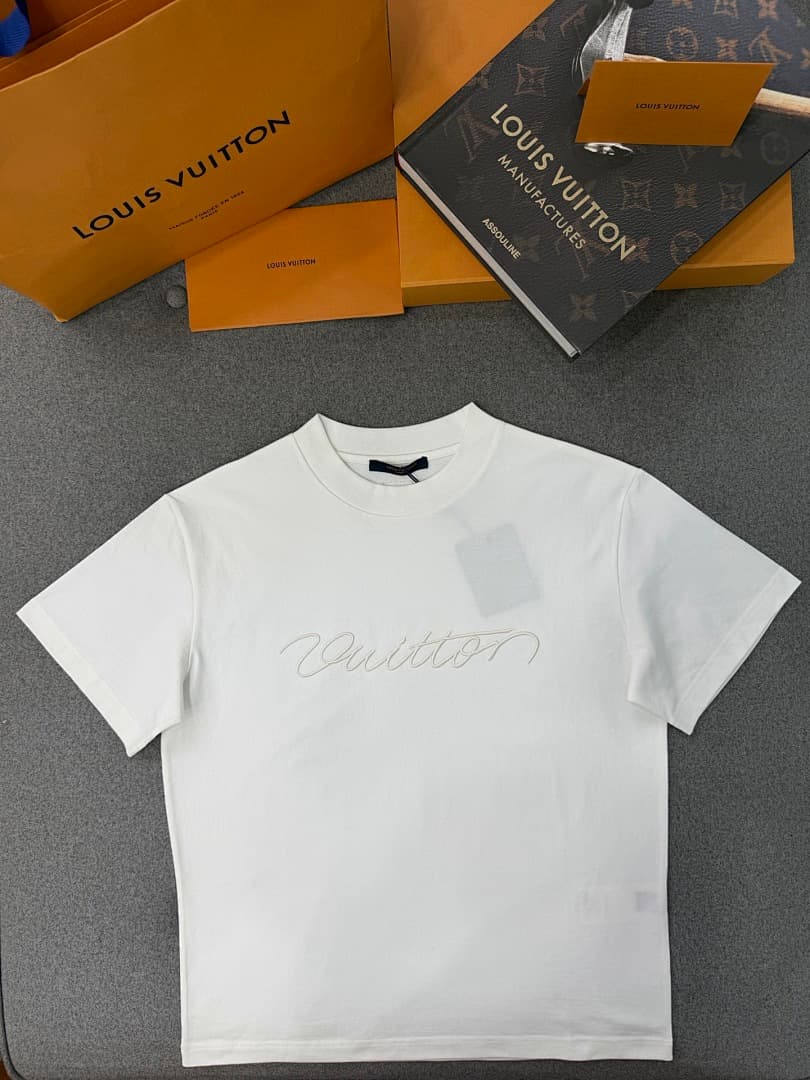 White Embroidered Script Logo Crewneck Tee