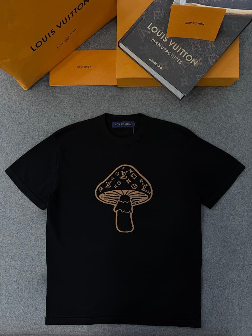 Black Knit Mushroom Graphic T-Shirt