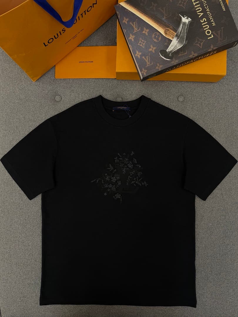 Black Tonal Floral Embroidered Crew Neck T-Shirt