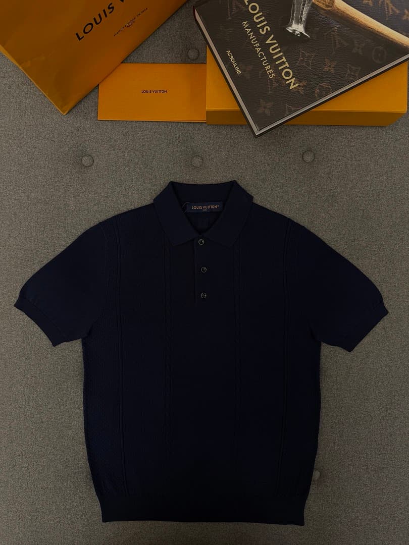 Navy Blue Ribbed Knit Polo Shirt