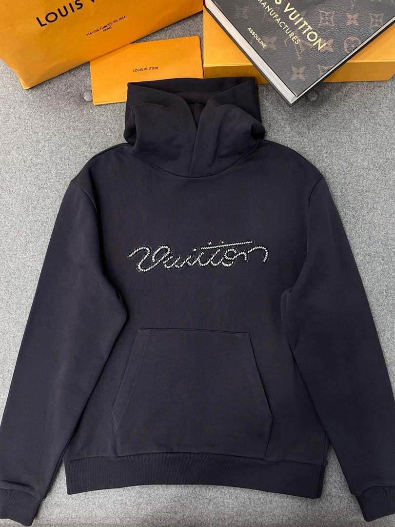 Vuitton Beaded Logo Black Hooded Sweatshirt