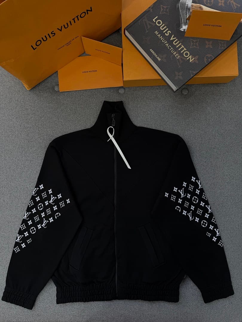Black Zip-Up Track Jacket With Monogram Sleeves