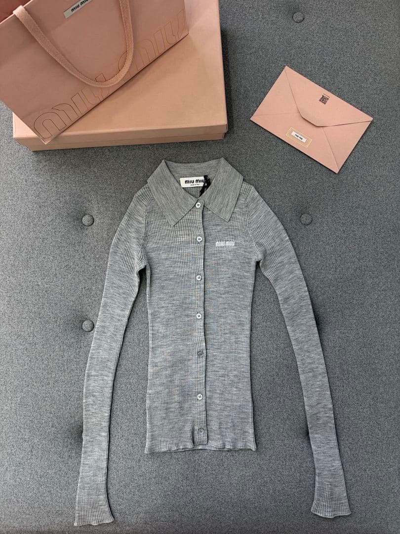 Grey Ribbed Knit Long-Sleeve Polo