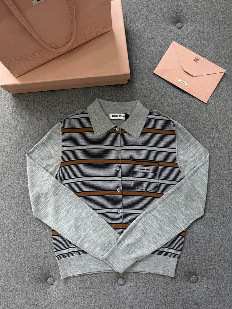 Gray Striped Knit Collared Shirt