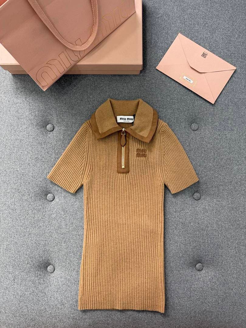 Camel Ribbed Knit Half-Zip Polo Shirt