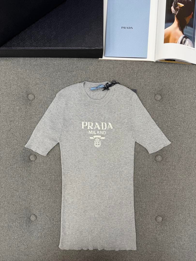 Prada Grey Ribbed Knit Logo T-Shirt