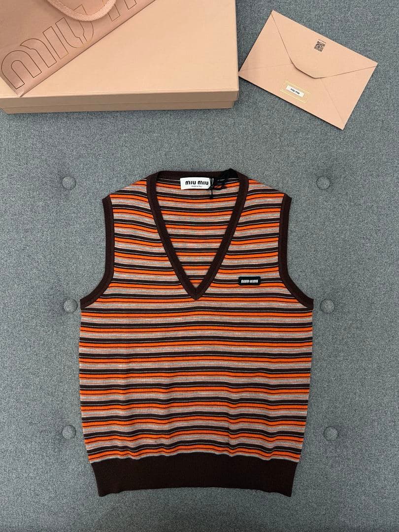 Brown Orange & Grey Striped V-Neck Sweater Vest