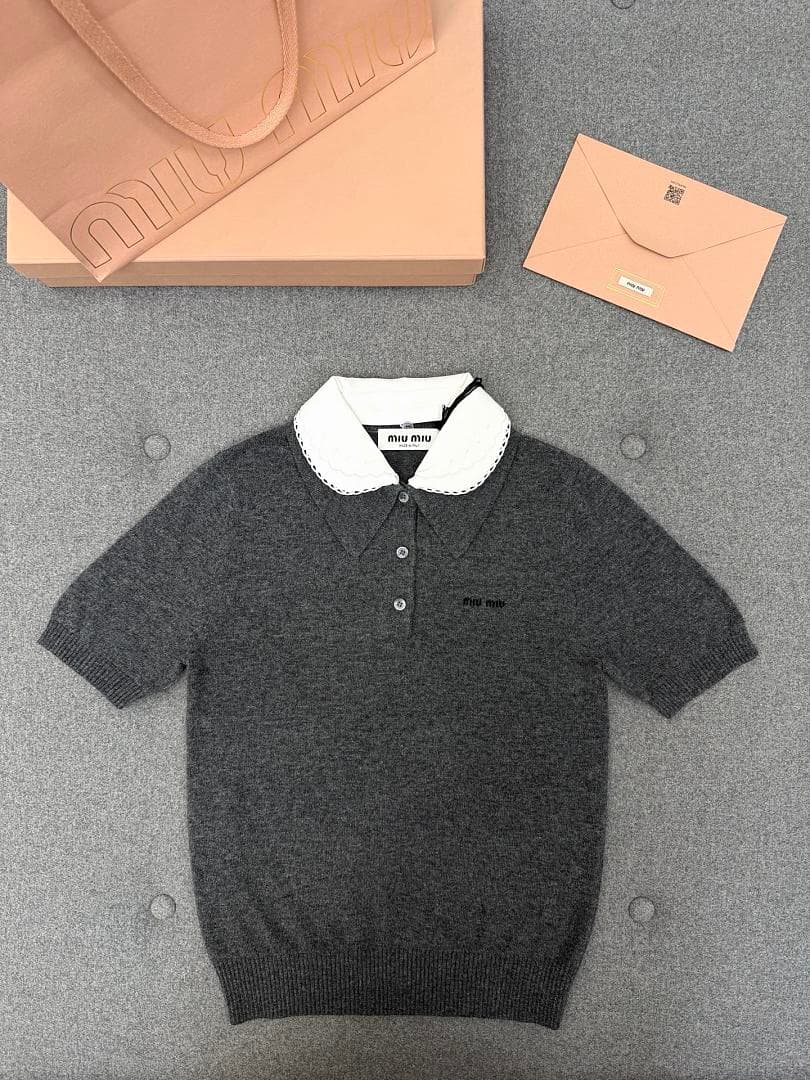 Dark Gray Knit Polo With Scalloped Collar