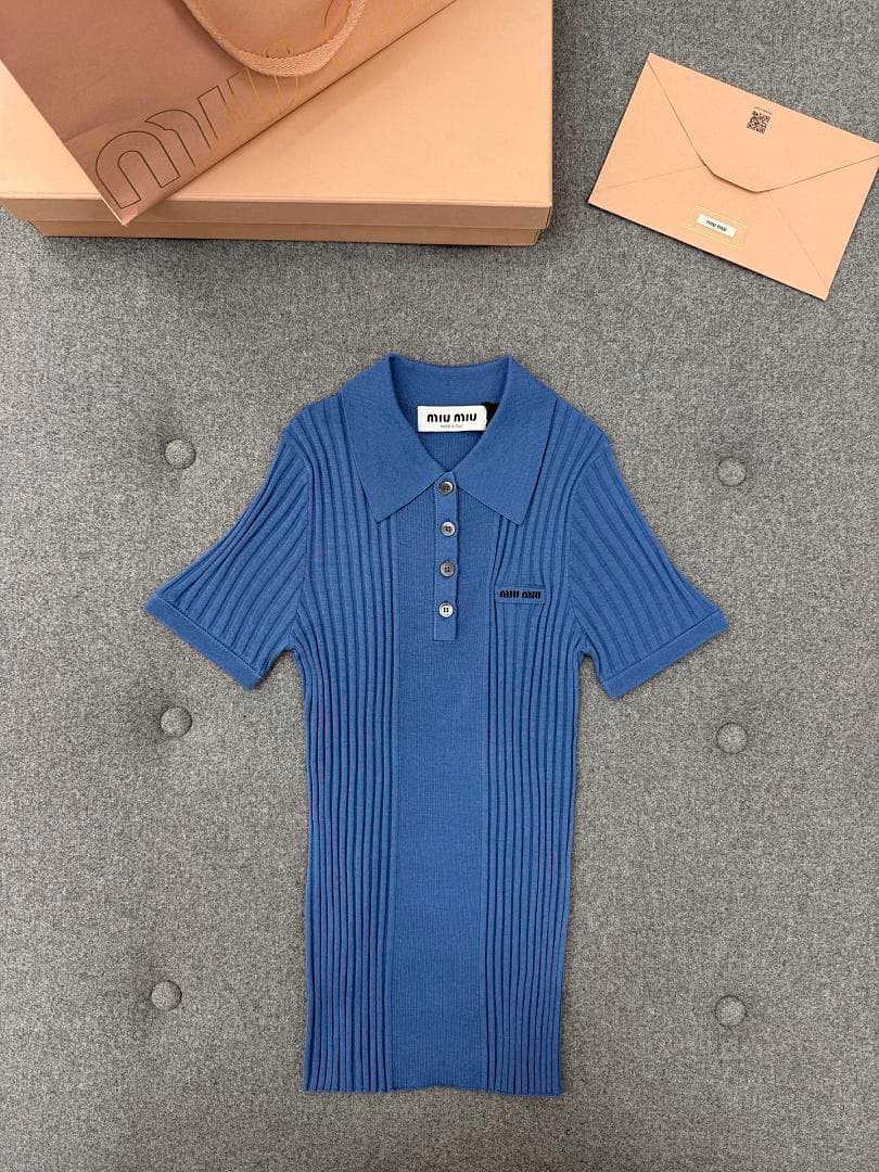 Blue Ribbed Short-Sleeve Polo Shirt