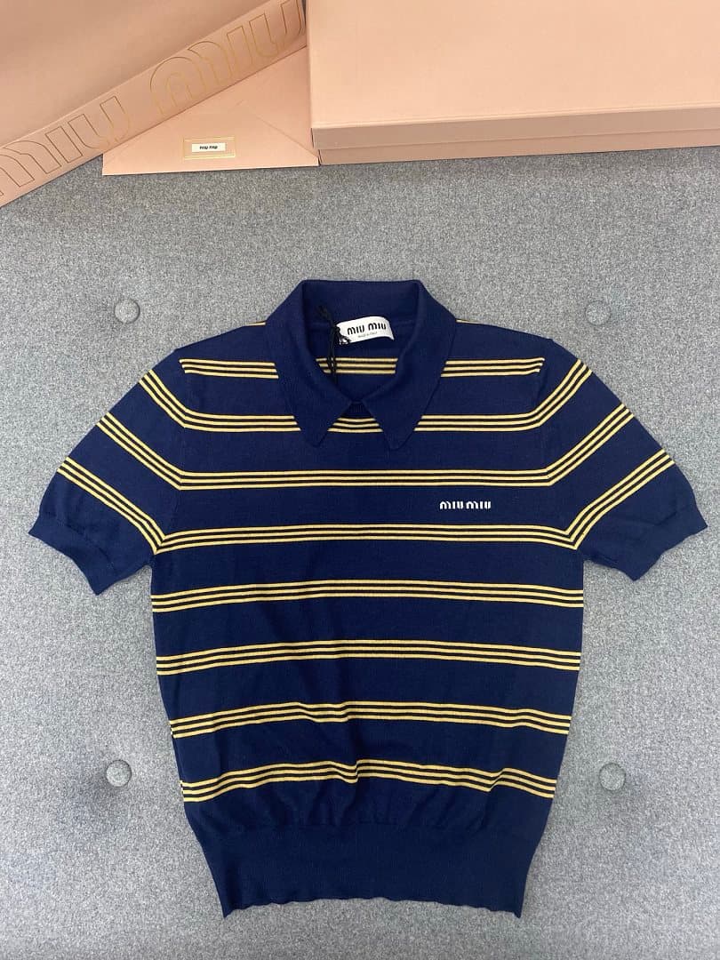 Dark Blue Yellow Striped Knit Polo