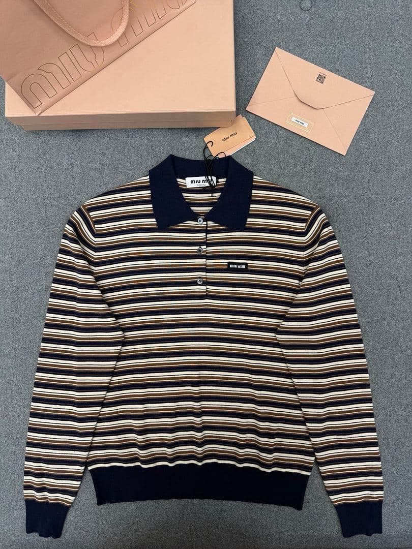 Navy Brown White Striped Knit Polo