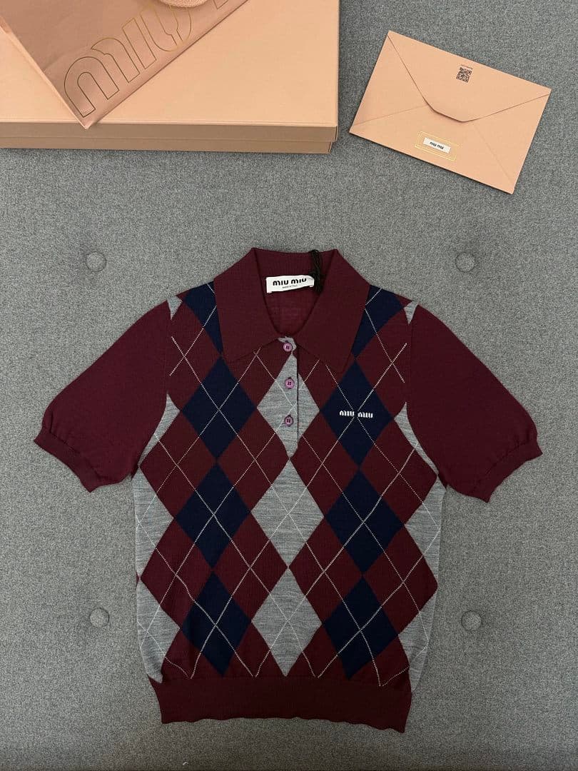 Burgundy & Navy Argyle Knit Polo Shirt