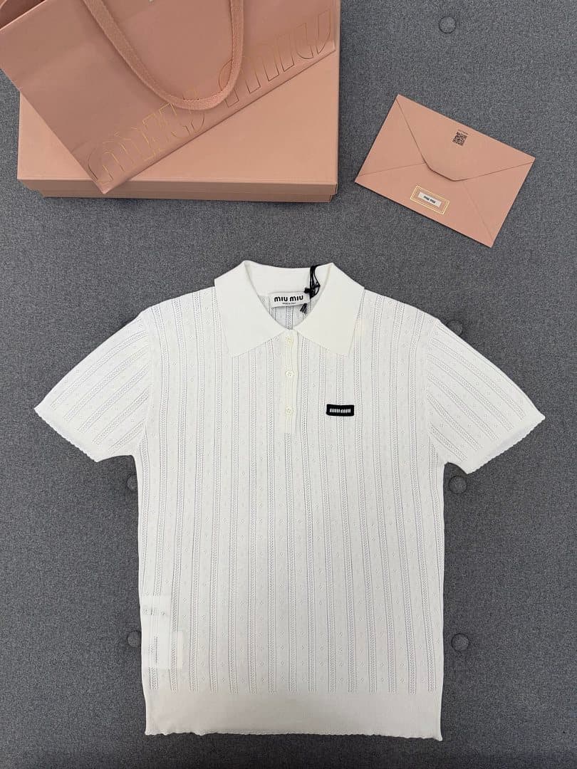 White Ribbed Knit Short-Sleeve Polo Shirt