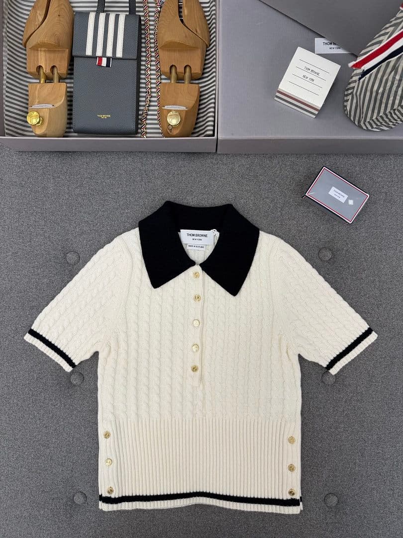 White Cable-Knit Polo With Gold Buttons