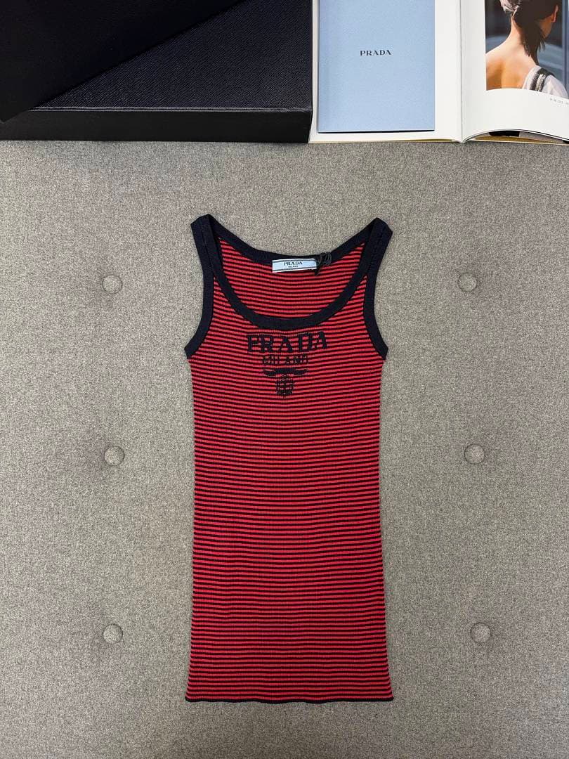Prada Red & Black Striped Knit Tank Top