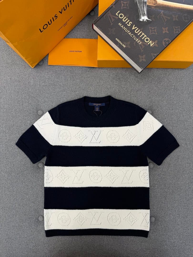 Navy & White Striped Pointelle Short-Sleeve Knit