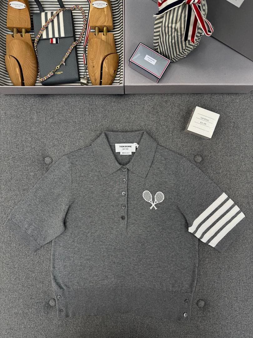 Gray Knit Polo With Tennis Racket Embroidery