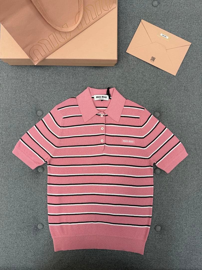 Pink Striped Knit Short-Sleeve Polo