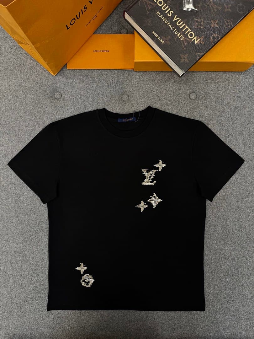 Black Embroidered Silver Graphic Crew Neck T-Shirt