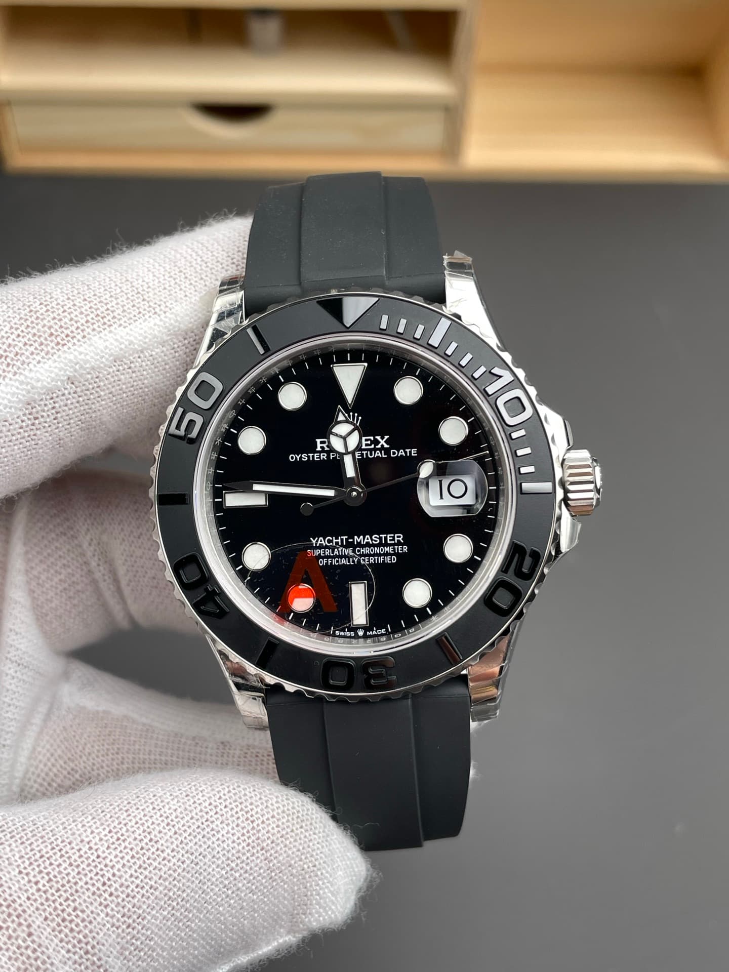 Rolex Yacht-Master 42mm White Gold Black Dial Ceramic Bezel Oysterflex Strap (226659) 1:1 Super Clone – DD3235 Movement