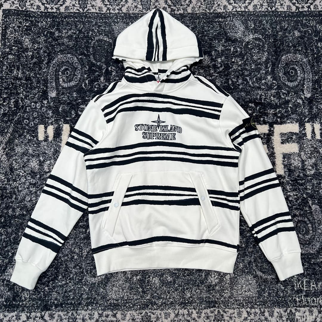 Stone Island White Striped Cotton Hooded Sweatshirt
